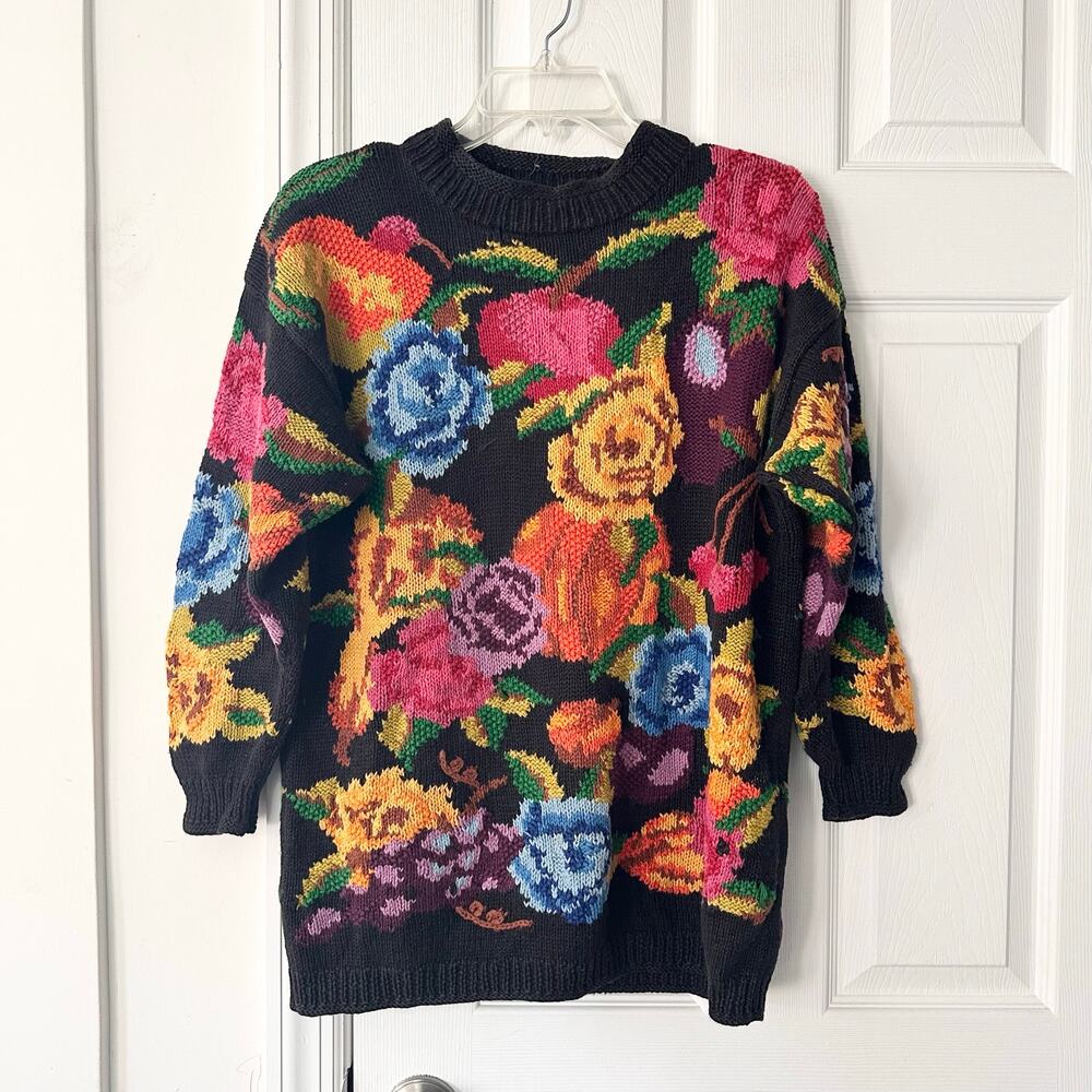 Jennifer Reed Black Multi Floral Hand Knit Vintage Mock Neck Grandma Sweater M